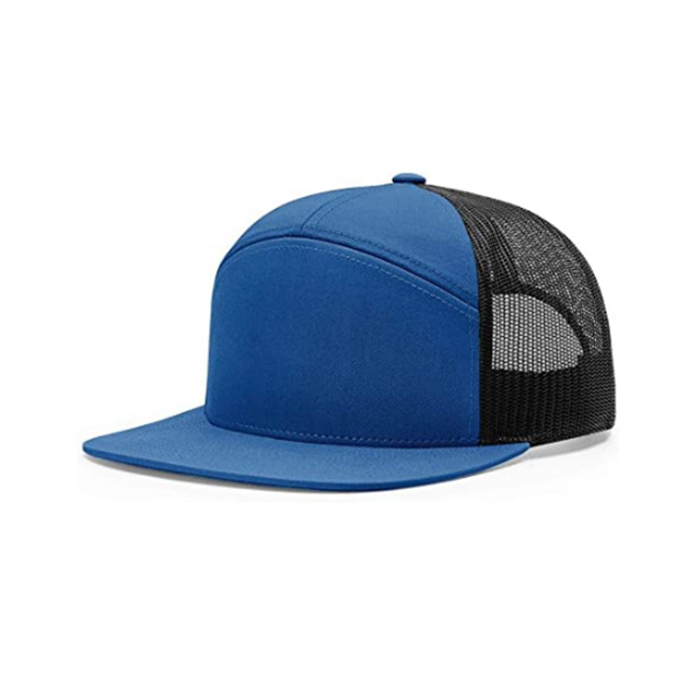 Gorra de camionero Snapback de siete paneles de color azul de algodón y poliéster de alta calidad gorra de malla Snapback con visera plana