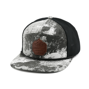 Nuevo estilo de diseñador, gorra Snappack unisex, insignia de cuero, estilo camuflaje, gorra de camionero de 7 paneles, gorra de malla