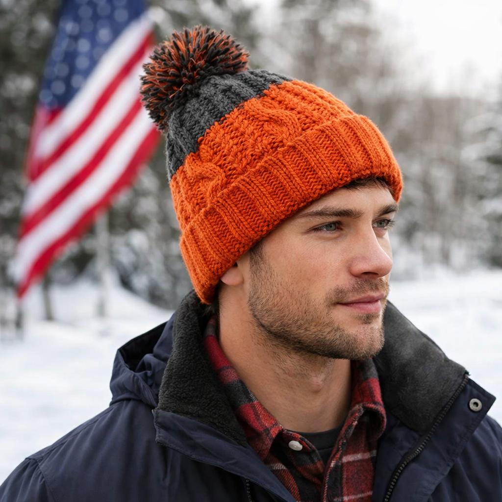 Gorro de punto con pomp&oacute;n de piel sint&eacute;tica y pu&ntilde;os: un cl&aacute;sico gorro de invierno esencial